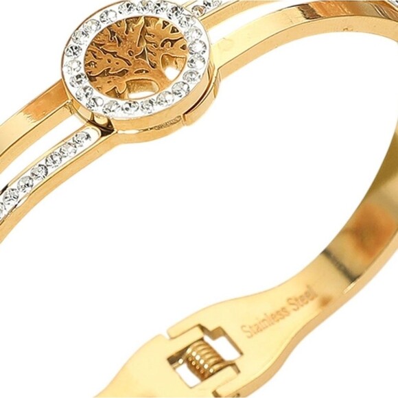 Gold Tree Of Life Accent Stainless Steel Metal CZ Crystal Bangle Bracelet - Picture 3 of 4